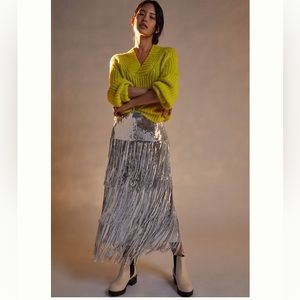 ANTHROPOLOGIE Maeve Tatiana Sequined Fringe Midi Skirt